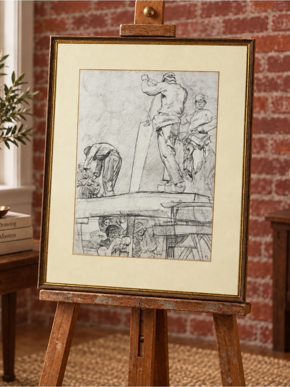 Antique Brangwyn Framed Fine Art Study of the Sawyers Signed Etching